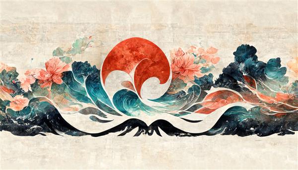 پس زمینه سنتی ژاپنی با موج و بافت گل موج آبرنگ طبیعی شرقی