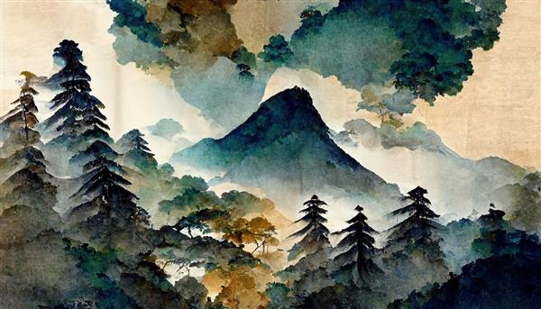 الگوی شرقی آبرنگ به سبک ژاپنی آبرنگ مناسب کوه فوجی