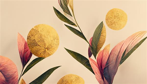 گل‌ها و شاخه‌های ظریف روی پس‌زمینه‌ای روشن دکور گل‌های قدیمی برای تصویر سه‌بعدی گیاه فانتزی کارت پستال