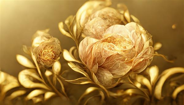 گل‌ها و شاخه‌های طلایی زیبا در پس‌زمینه روشن دکور گل‌های قدیمی برای کارت پستال تصویر سه‌بعدی گیاهی خارق‌العاده