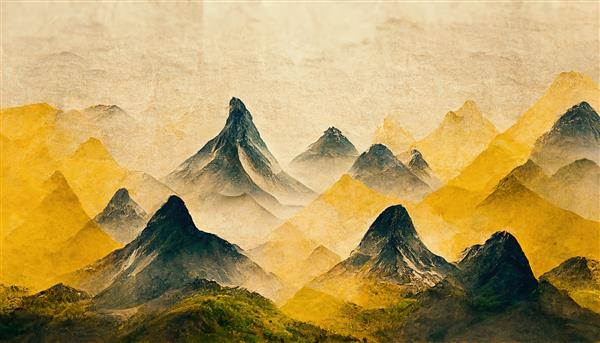 منظره مینیمالیستی کوهستانی با قلم موی آبرنگ در کاغذ دیواری سبک سنتی ژاپنی با هنر انتزاعی برای چاپ یا جلد آثار هنری سه بعدی