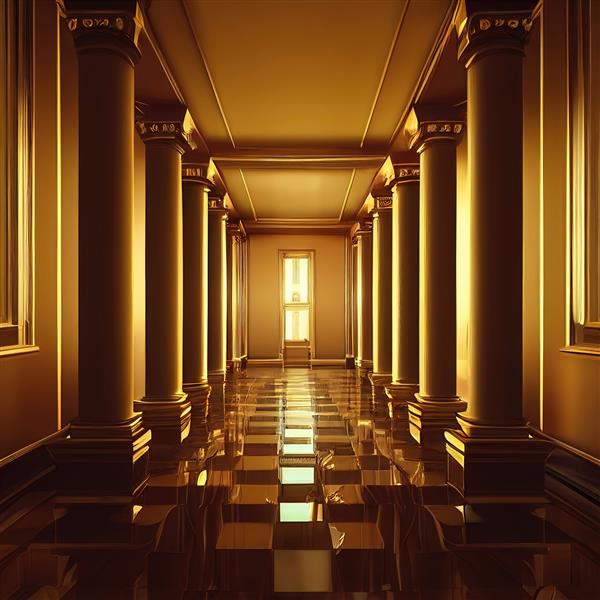 راهرو با ستون‌ها و کف شطرنجی با رنگ‌های طلایی و برنزی پنجره در انتهای راهرو نوری که از درب پنجره سرازیر می‌شود پس‌زمینه شطرنجی آثار هنری سه بعدی