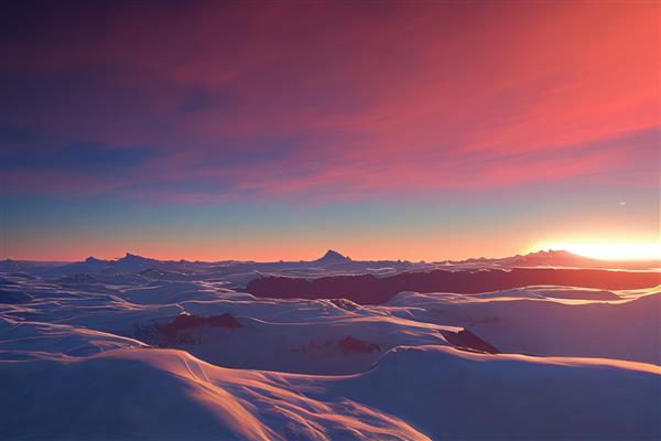 تصویر شطرنجی از منظره زمستانی دره در غروب آفتاب غروب خورشید ابرهای صورتی یخی صحرای یخی تپه کوهستانی صخره ها مفهوم طبیعت آثار هنری سه بعدی پس زمینه شطرنجی برای کسب و کار