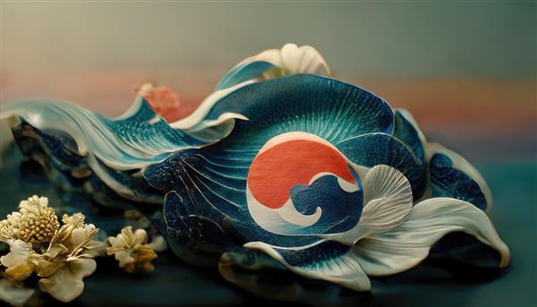 تصویر شطرنجی مدل حجمی موج دریا با صدف و گل مجسمه هنر چینی الگوهای انتزاعی رنگ پاستل مفهوم فرهنگ آسیایی آثار هنری سه بعدی پس زمینه شطرنجی برای تجارت
