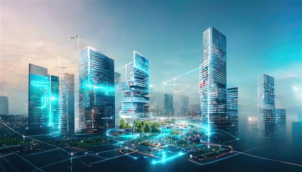 تصویر شطرنجی از کلان شهر آسمان خراش های آینده پارک شبکه جهانی برج مخابراتی فیروزه ای نئون آبی درخشش آبی در شهر در برابر مفهوم فناوری آسمان آبی اثر هنری سه بعدی