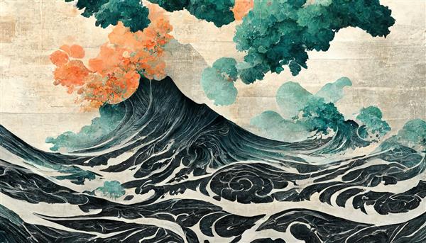 پس زمینه سنتی ژاپنی با موج و بافت گل موج آبرنگ طبیعی شرقی