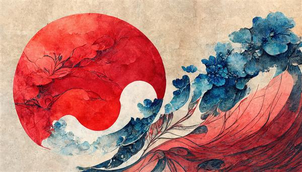 پس‌زمینه سنتی ژاپنی با آبرنگ طبیعی شرقی با امواج و بافت گل