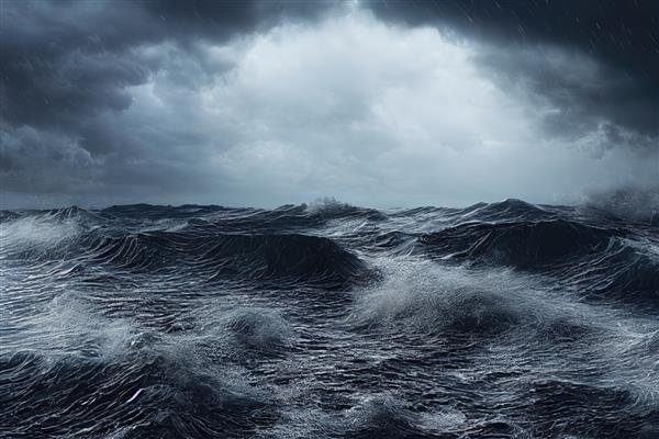 تصویر شطرنجی از امواج در دریا در آسمان ابری طوفان رودخانه اقیانوس باران طوفان رعد و برق شرایط آب و هوایی نور ضعیفی که از میان ابرها می تابد مفهوم منظره دریا تصویر رندر سه بعدی