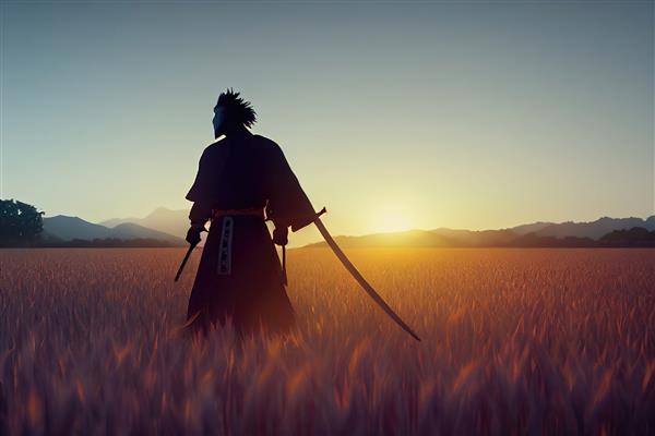 تصویر شطرنجی سامورایی در زره ایستاده در یک مزرعه کوه های غروب خورشید در فاصله سنبلچه های گندم کاتانا فرهنگ آسیایی ماسک هنرهای رزمی مفهوم تصویر رندر سه بعدی