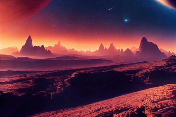 تصویر شطرنجی منظره شبانه دره سرخ با کوه ها و صخره ها سنگ صحرا سطح سیاره دور مریخ ستاره ستاره ستاره دنباله دار آسمان مریخ خشکسالی سرد تصویر رندر سه بعدی