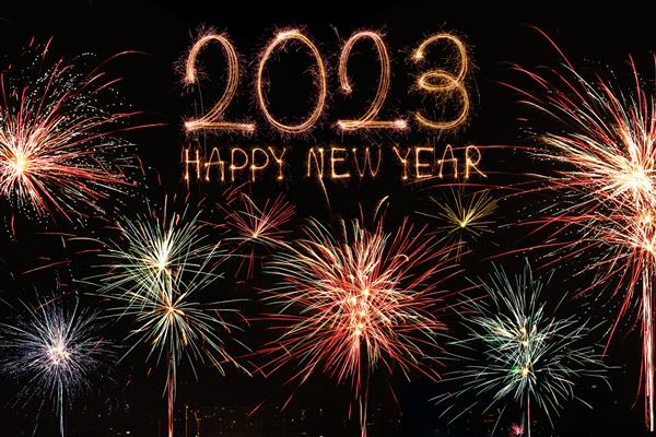سال نو مبارک 2023 متن درخشان درخشان سال نو مبارک 2023 جدا شده در پس زمینه سیاه زیبا