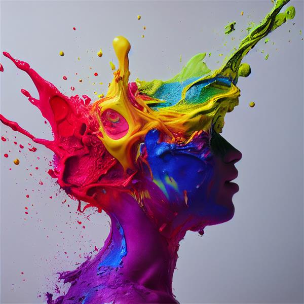 زن هنرمند با پاشیدن رنگ روی سرش خلاقیت رندر سه بعدی