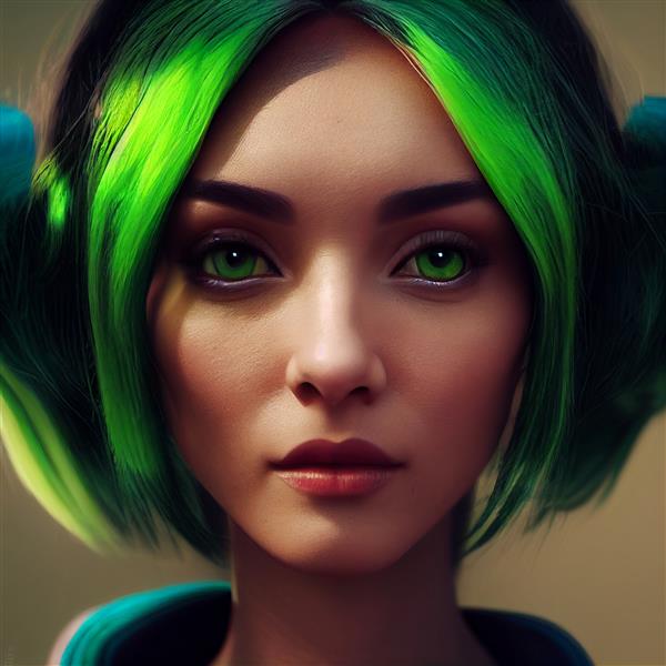 رندر سه بعدی زن جوان با موهای رنگ شده سبز