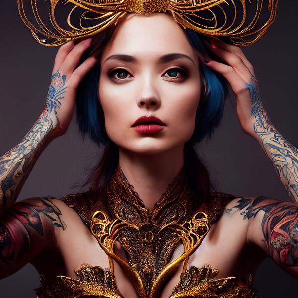 زن خالکوبی شده با جواهرات طلایی و رندر سه بعدی تاج