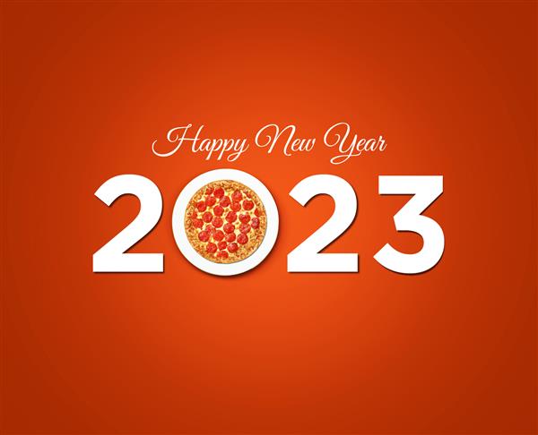مفهوم پیتزا سال نو مبارک شکل پیتزا جدا شده بر روی تایپوگرافی حروف سال نو 2023 رستوران