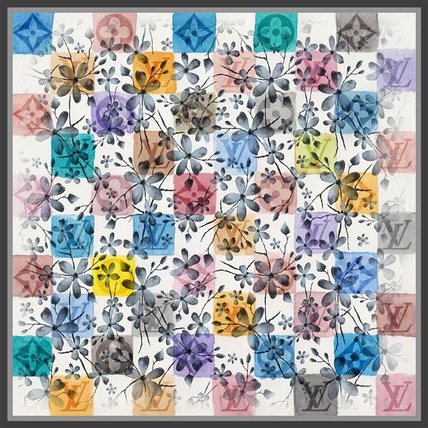 طرح روسری لوییزویتون دیجیتال گلدار آبرنگ رنگارنگ انتزاعی و زیبا مربع در پس زمینه
