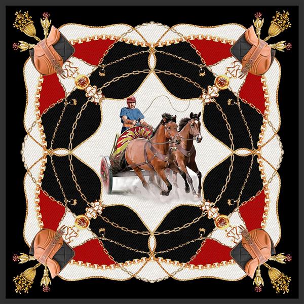 طرح روسری هرمس روسری طرح دار کمربند منگوله و زنجیر و اسب و سوار کار روی بک گراند مشکی سفید قرمز