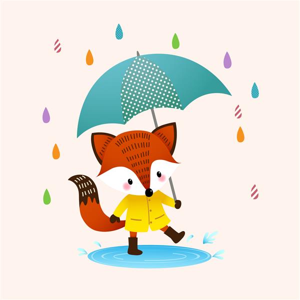 تصویر کارتونی روباه قرمز با چکمه های قهوه ای با چتر در حال پاشیدن در یک گودال در روز بارانی