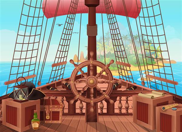کشتی دزدان دریایی با جزیره ای در افق تصویر نمای پل قایق بادبانی پس زمینه بازی ها و برنامه های موبایل نبرد دریایی یا مفهوم سفر