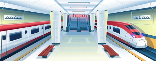 سریع ترین قطار در ایستگاه مترو راه آهن فضای داخلی مترو با قطار پله برقی نیمکت و نقشه خطوط وکتور تصویر کارتونی