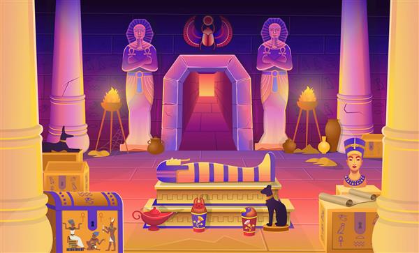 مقبره فرعون مصر با تابوت صندوقچه ها مجسمه های فرعون با آنخ مجسمه گربه سگ نفرتیتی ستون ها و چراغ تصویر کارتونی برای بازی