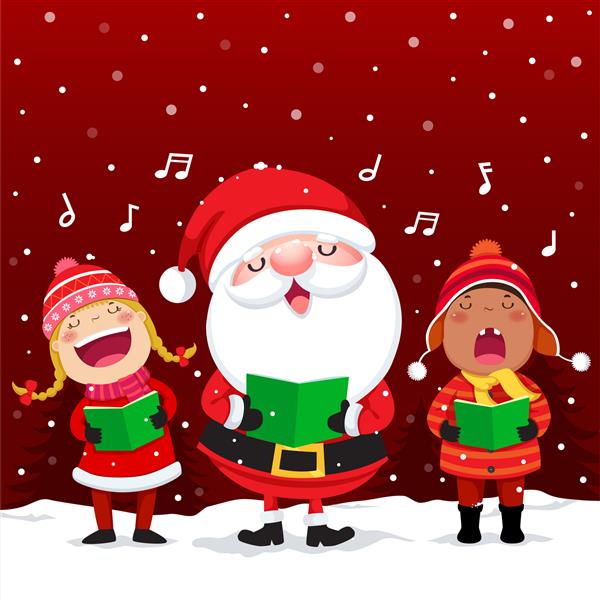 بچه های شاد با بابا نوئل در حال خواندن سرودهای کریسمس