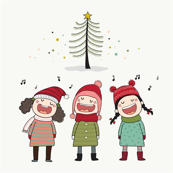 سه بچه در حال خواندن سرود کریسمس با درخت کاج