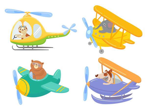حیوانات زیبا در حمل و نقل هوایی خلبان حیوانات حیوانات خانگی در هلیکوپتر و بچه های سفر با هواپیما حمل و نقل وسیله نقلیه هواپیما ماجراجویی حیوانات هوایی مجموعه آیکون های تصویر کارتونی جدا شده