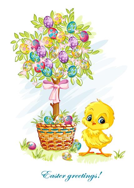 تصویر برای روز عید پاک با یک مرغ جوان و درخت عید پاک