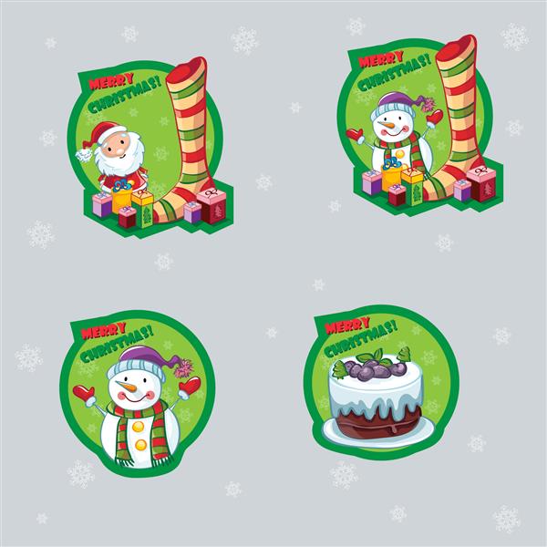مجموعه ای از برچسب ها برای کریسمس با آدم برفی بابا نوئل و کیک