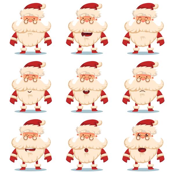 مجموعه شخصیت های کارتونی بابا نوئل ناز با احساسات متفاوت عناصر تزئینی کریسمس در زمینه سفید