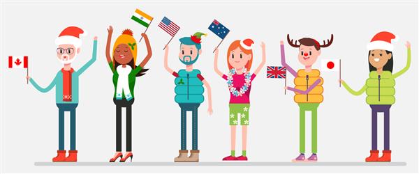 جشن کریسمس در جهان مردم شاد در لباس های تعطیل با پرچم های کانادا ایالات متحده آمریکا استرالیا هند پادشاهی متحده و ژاپن شخصیت های مردان و زنان در پس زمینه