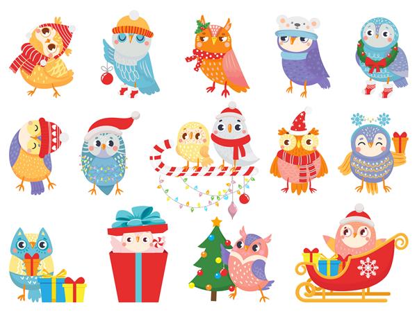 جغد زمستانی پرندگان زیبای کریسمس جغدهایی با روسری و کلاه و طلسم پرنده