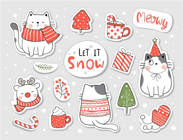 مجموعه برچسب گربه برای کریسمس و سال نو
