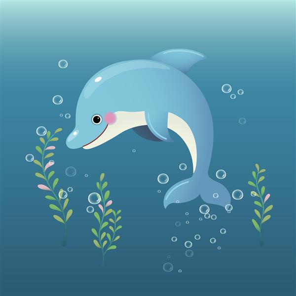 دلفین کارتونی ناز در حال شنا در زیر آب در اقیانوس آبی