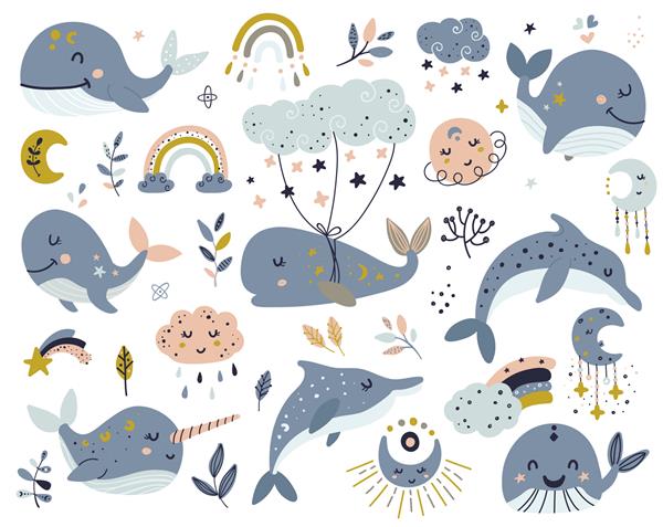 مجموعه نهنگ های آسمانی دلفین ها و ناروال