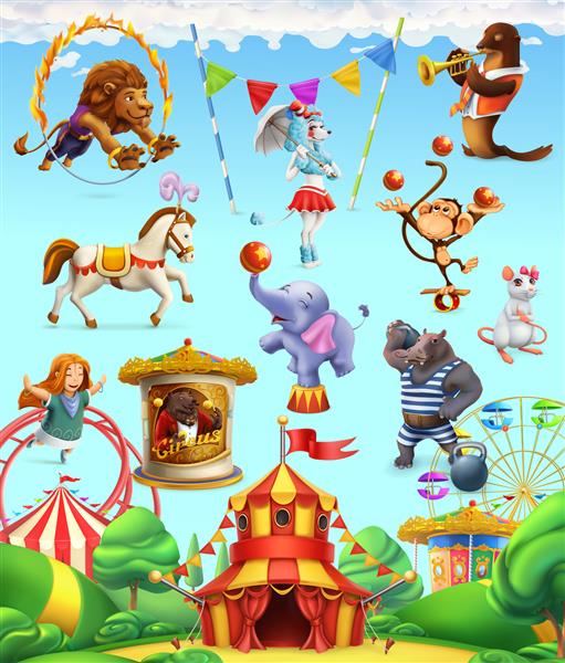 حیوانات بامزه سیرک مجموعه ای از آیکون ها