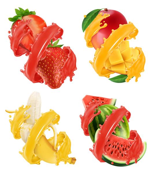 مجموعه تصویری میوه ها و انواع توت ها در پاشیدن آب میوه