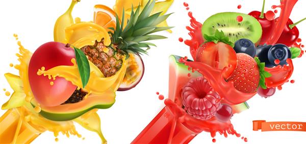 میوه ترکید پاشیدن آبمیوه میوه های گرمسیری شیرین و انواع توت ها