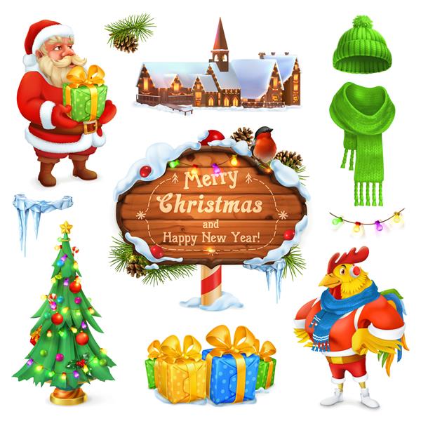 تصویر مجموعه کریسمس مبارک بابا نوئل درخت کریسمس علامت چوبی جعبه هدیه کلاه بافتنی زمستانی