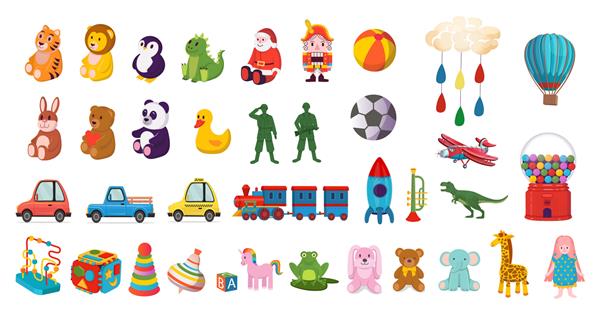 مجموعه ای بزرگ از اسباب بازی های رنگارنگ برای کودکان