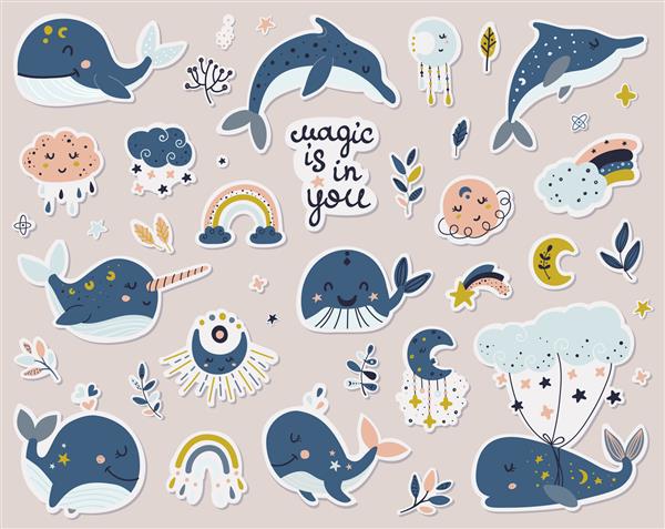 مجموعه برچسب های نهنگ های آسمانی دلفین ها و ناروال