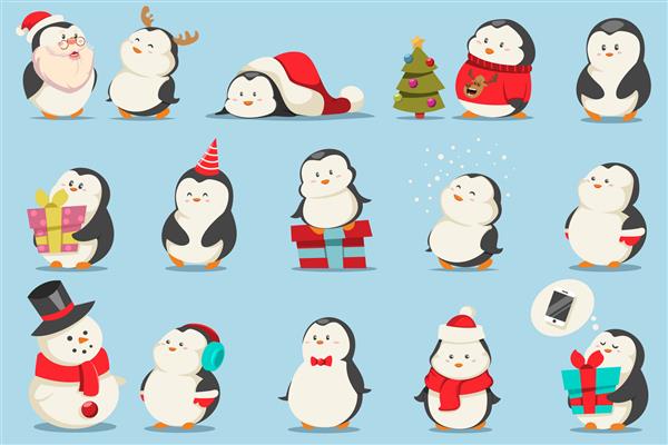 مجموعه پنگوئن های کریسمس زیبا شخصیت کارتونی حیوانات بامزه با لباس و هدیه