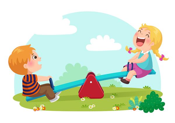 تصویری از بچه های ناز که روی الاکلنگ در زمین بازی سرگرم می شوند