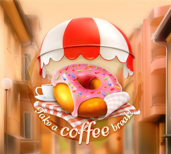 دونات صورتی و فنجان قهوه تابلوی فضای باز تصویر نمای خیابان