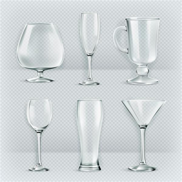مجموعه ای از لیوان های شفاف مجموعه لیوان های کوکتل تصویر برداری