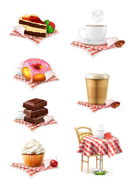 کافه خیابان شکلات کیک کوچک کیک فنجان قهوه دونات مجموعه آیکون وکتور