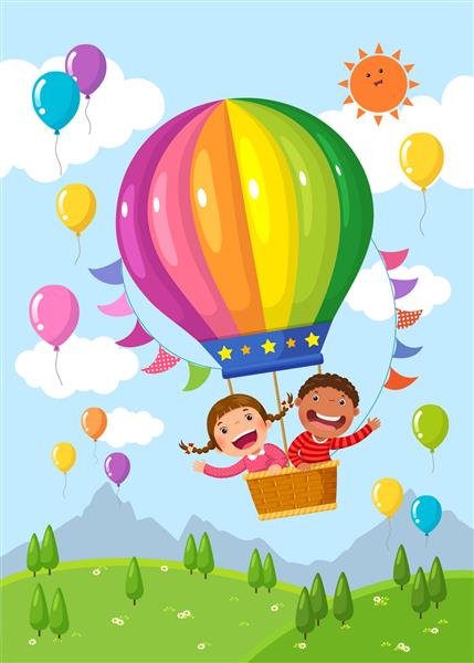 بچه های کارتونی سوار بر بالون هوای گرم بر فراز زمین