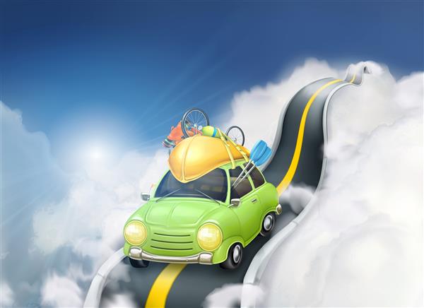 سفر با ماشین در ابرها تصویر برداری