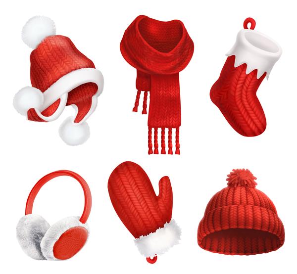 لباس های زمستانی کلاه بافتنی جوراب کریسمس روسری دستکش گوش بند نماد وکتور سه بعدی